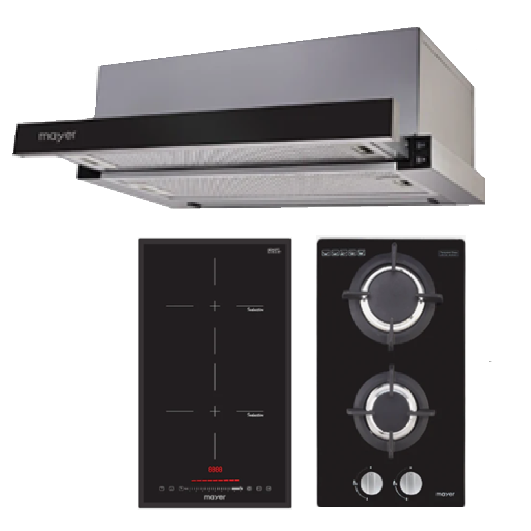 MAYER BUNDLE 60CM Telescopic Hood MMTH60 + 30CM Domino Gas Hob MMGH320H + 30CM 2 Zone Domino Induction Hob with Slider MMIH30CS